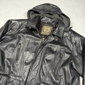 Vintage Adler Black Leather Zip Up Hooded Jacket Men XL Biker Bomber Y2k Racer‎